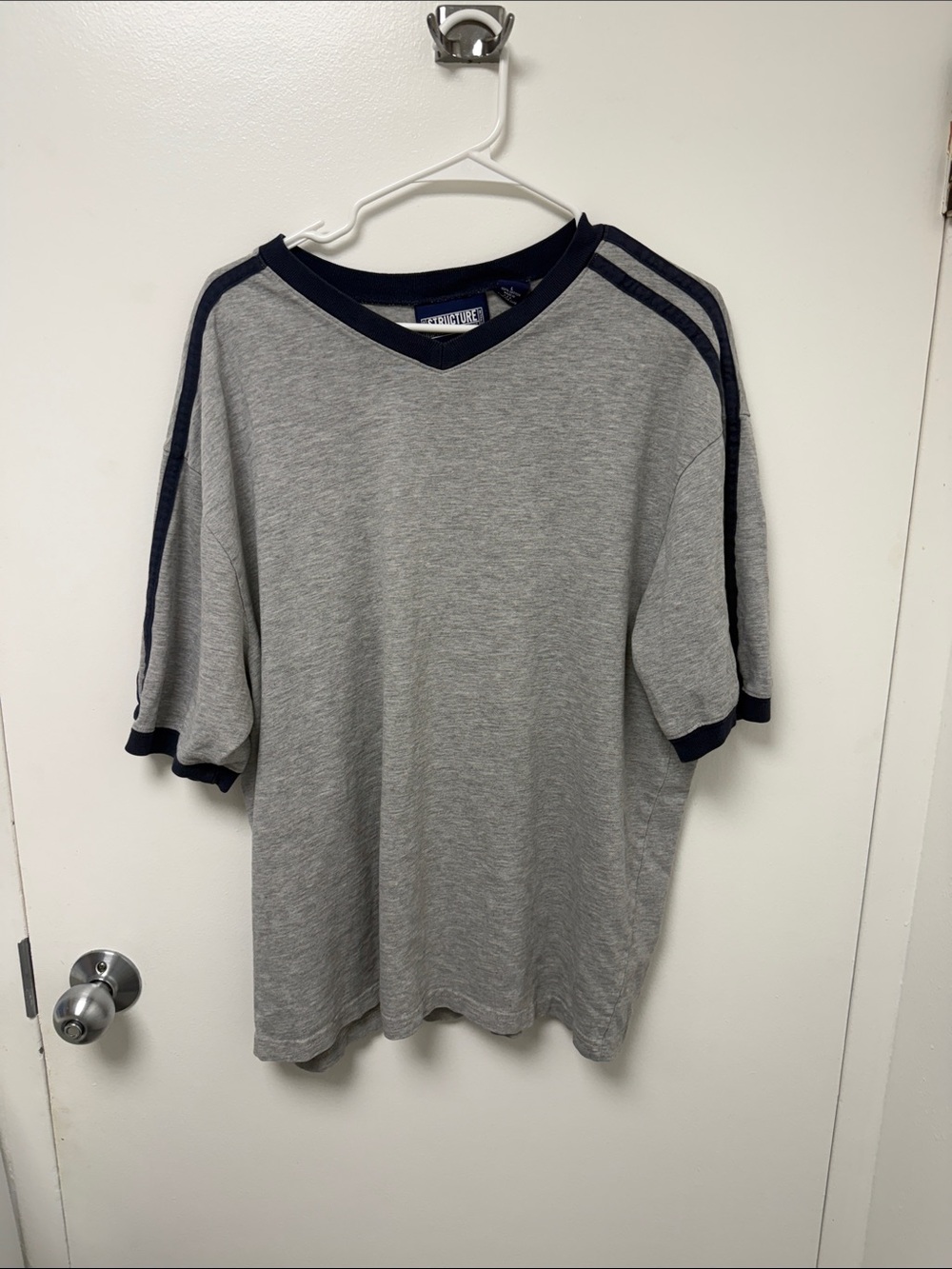 Structure Grey Tee with Navy Trim and Branded Tag Made in U.S.A